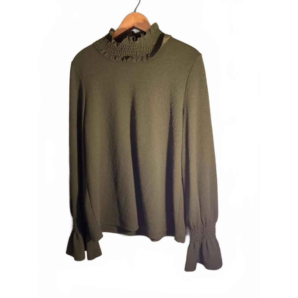 Patrizia Luca Olive Green Textured  Long Sleeve Ruffle Neck Blouse Large